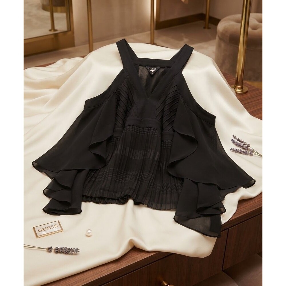 Guess Jet Black Cold Shoulder Pleated Plisse Ruffle Halter Blouse Strappy XXS
